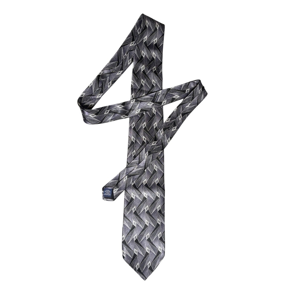 David Taylor Mens Geometric Abstract Silk Look Necktie Black Gray Silver 60 Inch